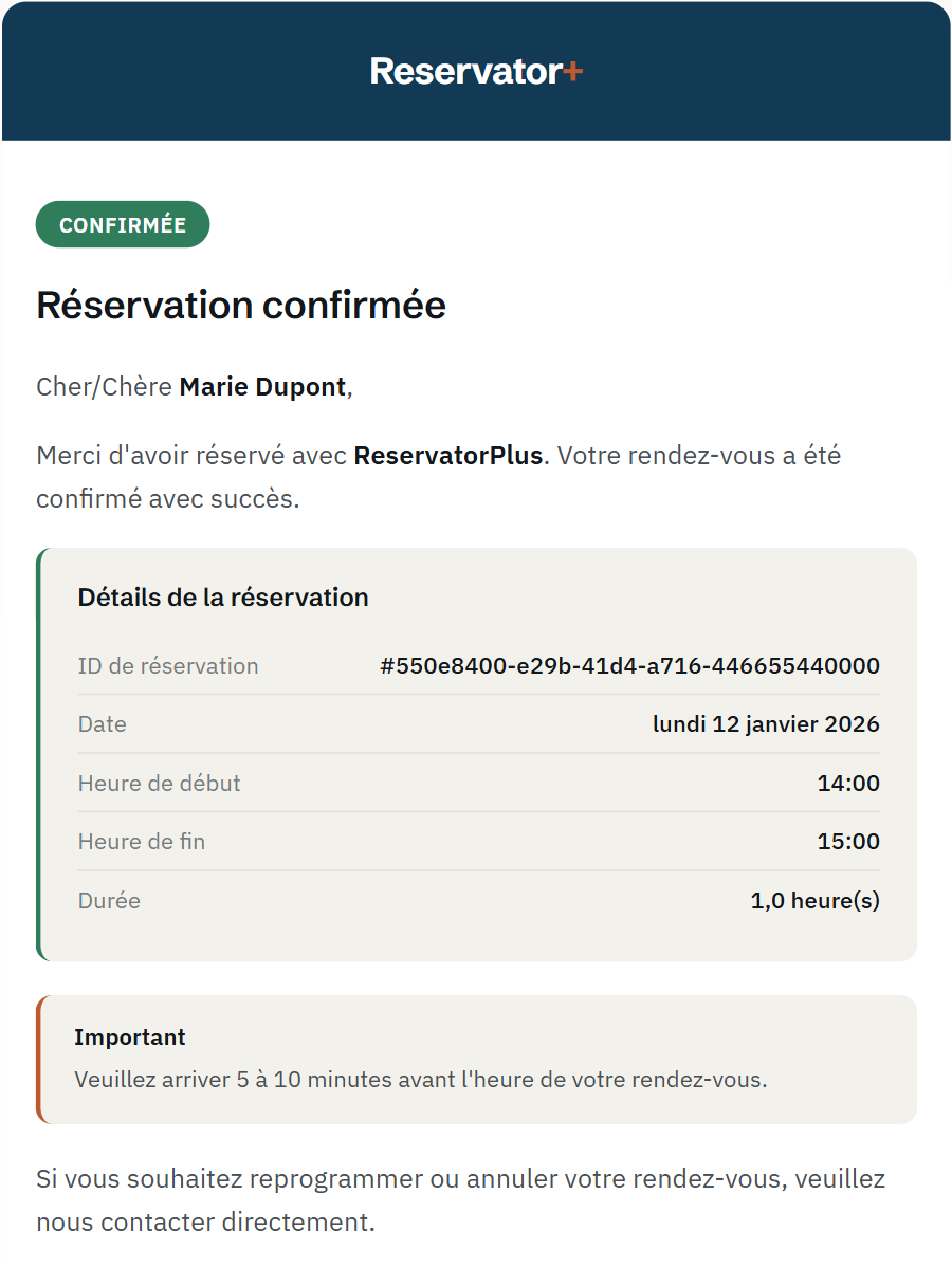 Email de confirmation de réservation envoyé automatiquement par ReservatorPlus