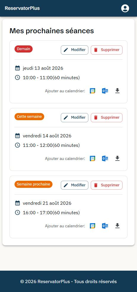Liste des prochaines séances réservées dans le portail client ReservatorPlus