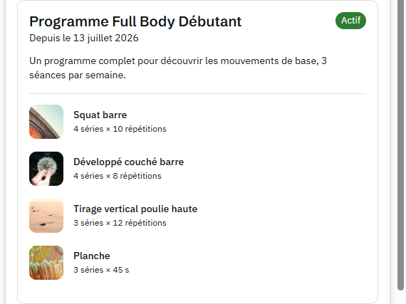Un programme d’entraînement assigné, affiché dans le portail client ReservatorPlus
